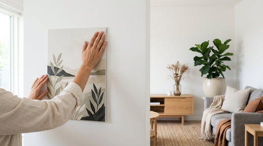 Main posant un panneau déco en carton mousse sur un mur, sans perçage