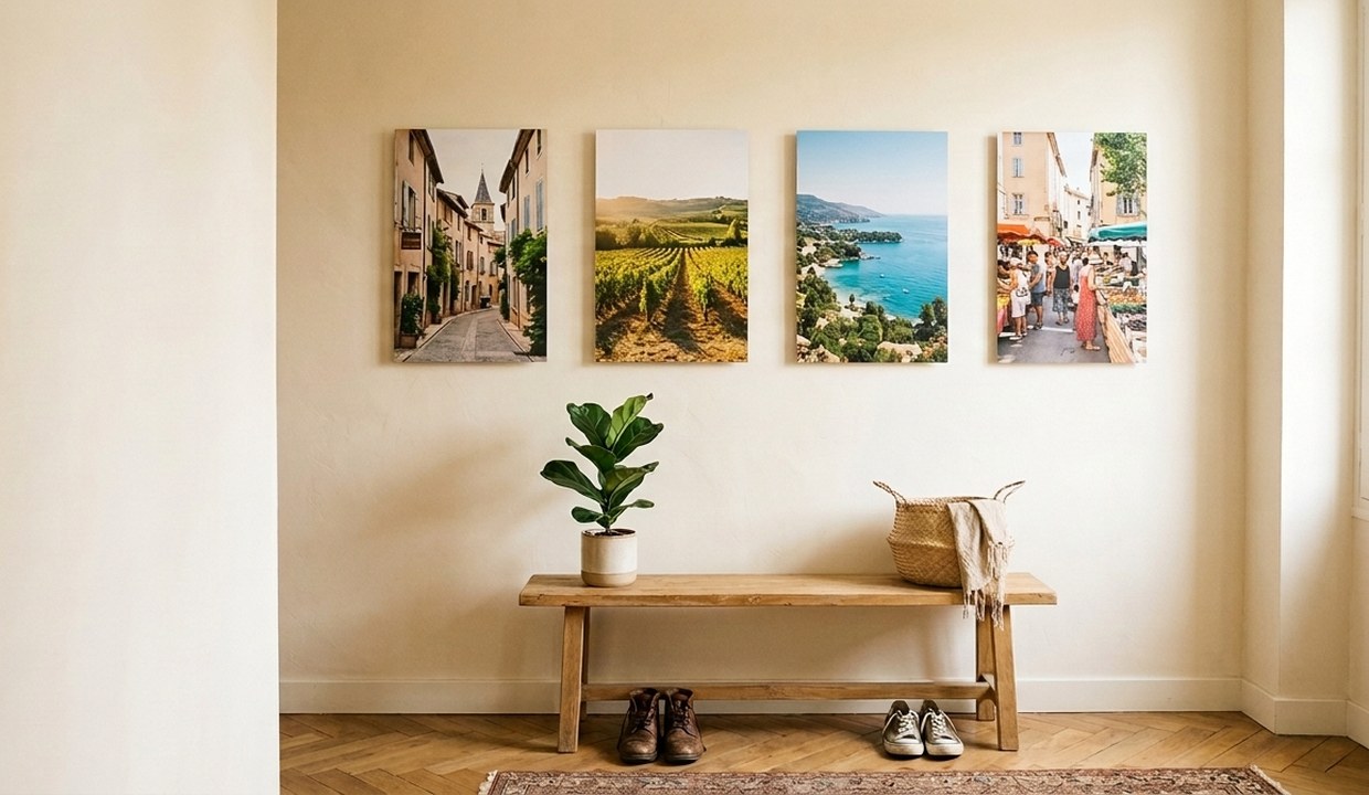 Entrée décorée d'une série de quatre photos de voyage imprimées sur carton mousse, sans cadre ni verre