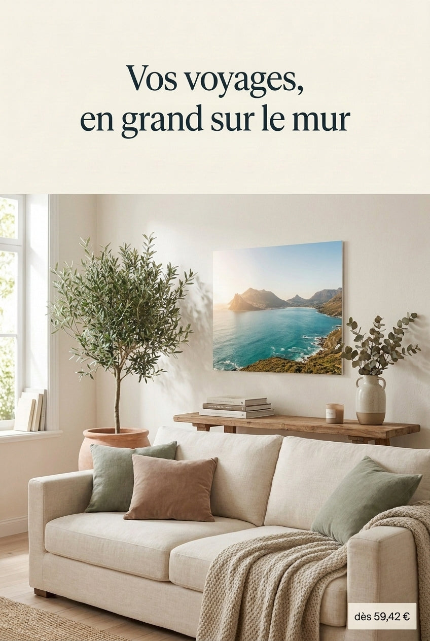 Photo de voyage en grand format sur carton mousse au-dessus d un canapé